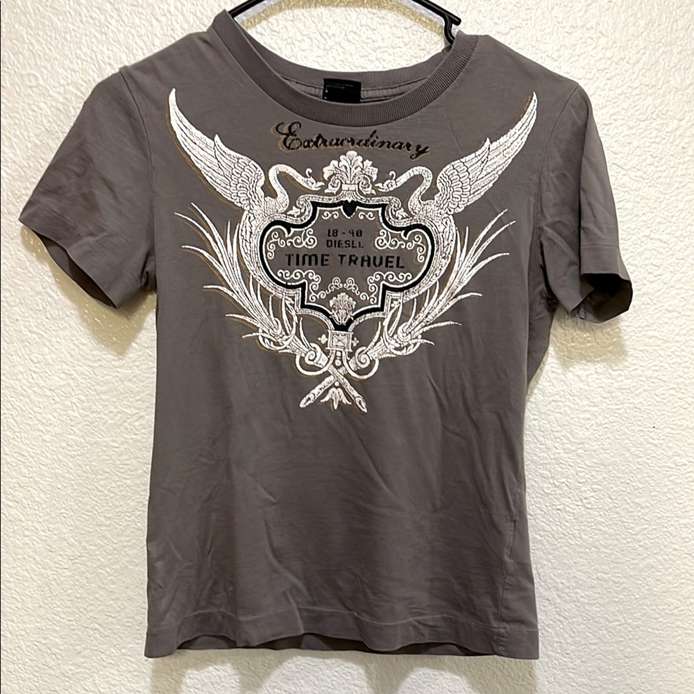 Diesel grey tee with white & gold details — sleek, modern, and versatile